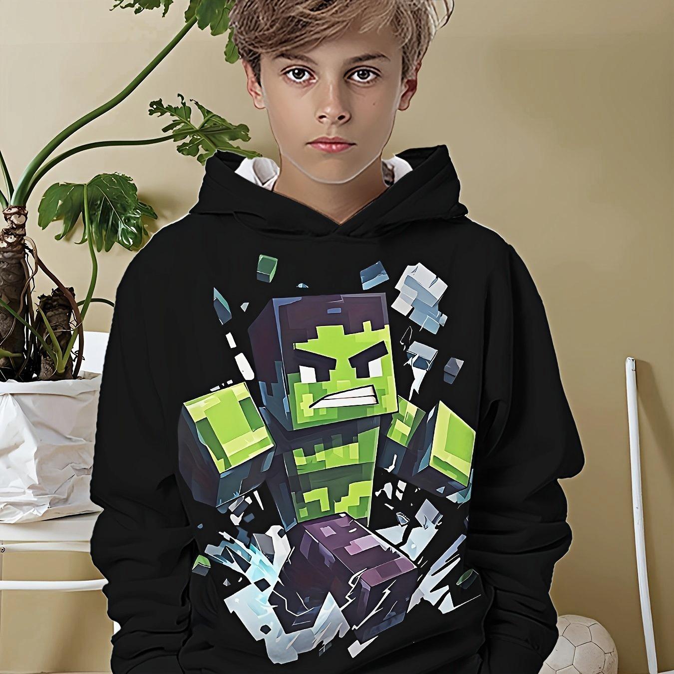 

Green Block Man Pattern Printed Boys Simple and Versatile Hoodie - Casual Round Neck Long Sleeve Hoodie 13-14Y