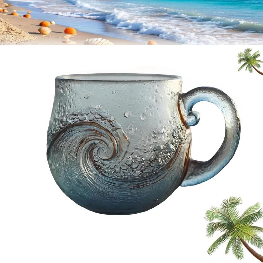 Ocean Themed Glass Coffee Mug With Sea Wave Design For Beach Bar Workplace Travel Use Unique Handmade Gift Idea