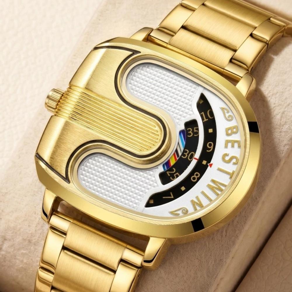 Fashion Men Irregular Tonneau Shape Quartz Watch Creative Rotating Dial Stainless Steel Bracelet Wristwatch