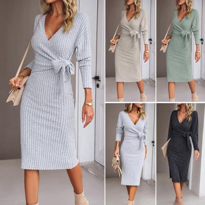 Frauen Langarm Sexy Tiefem V-ausschnitt Sammeln Taille Paket Hüfte Gestrickte Kleid Mini Krawatte Taille Gürtel Kleid