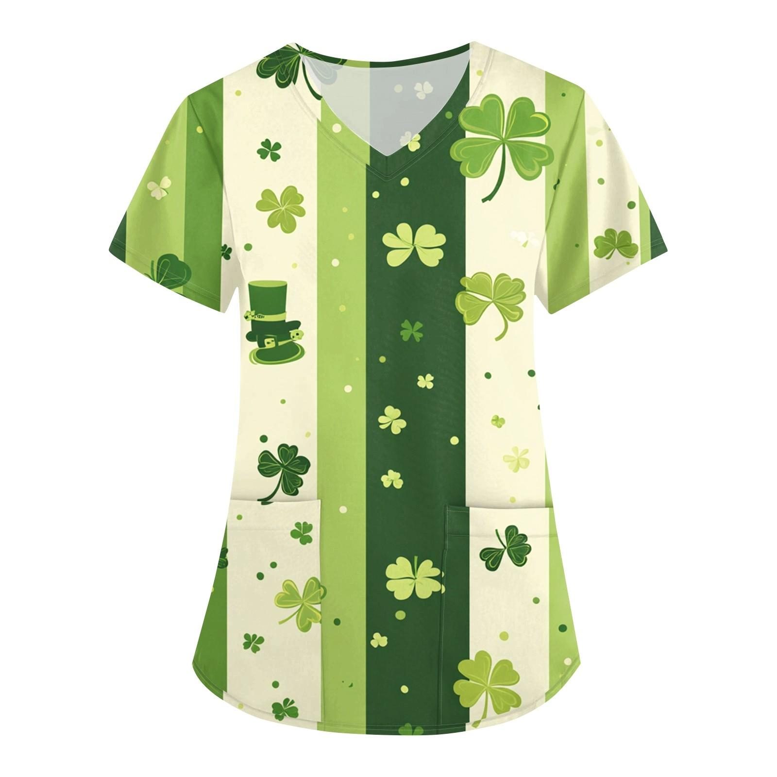 Women s Fashion V-neck Short-sleeved Work Clothes With Pockets St. Patrick Print Top  Wear L