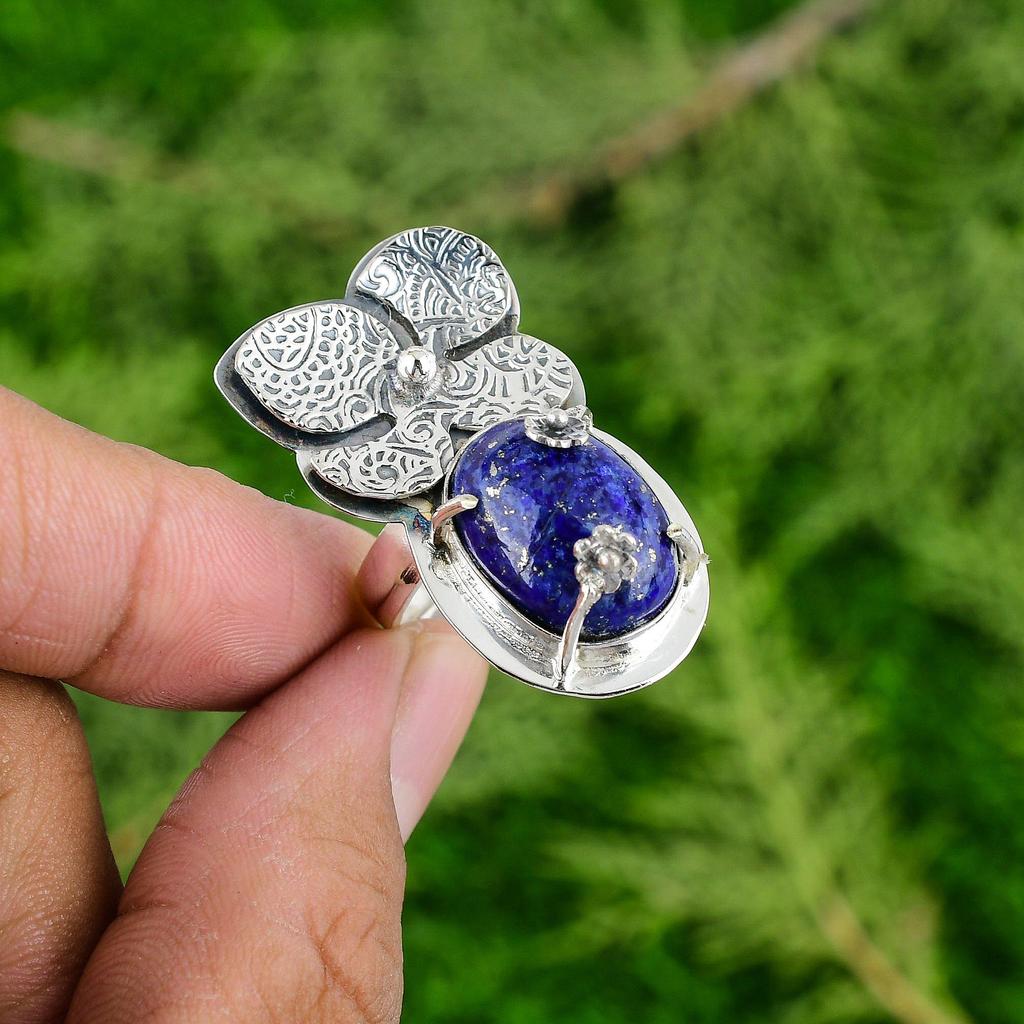 Mothers day Deal Lapis Lazuli Stone Promise New Flower Ring 925 Sterling Silver