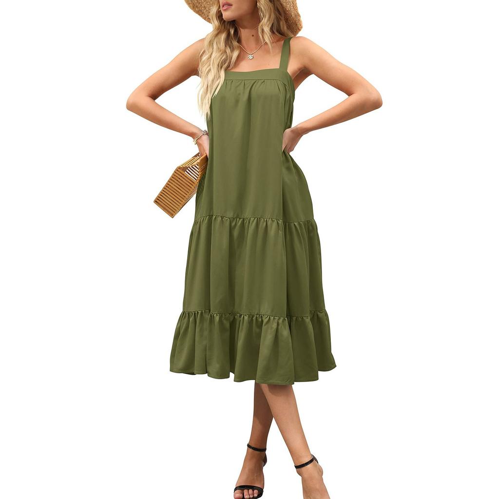 Ladies Casual Sexy Solid Color Suspender Loose Layered Pleated Beach Dress