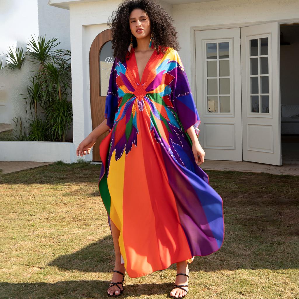Strand Kaftan Kleider Damen Handgefertigt Gewebte Dekoration Cover Ups für Badebekleidung Schmetterling Bedruckte Maxi Robe Heißer Verkauf