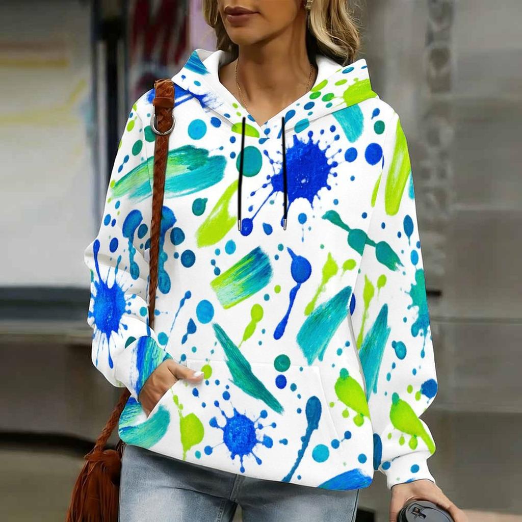 Women Plus Size Abstract Printed Long Sleeve Drawstring Hood Kangaroo Pocket Pullover Hoodie