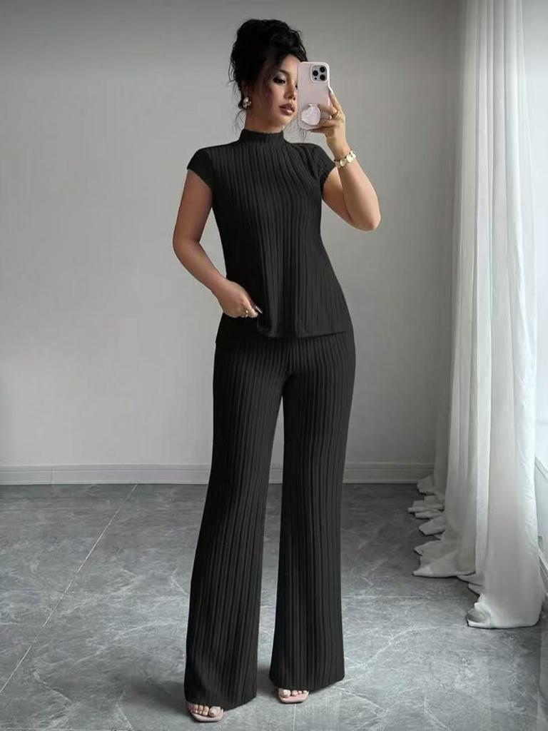 2026 New Style Women's Solid Color Short Sleeve Top & Ribbed Casual Pants Set