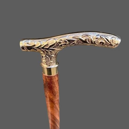91.44 cm Polish Brass Handle Walking Stick Solid Wood Cane, Gift for Him, Her, Father, Mother, Grandmother, Grandfather
