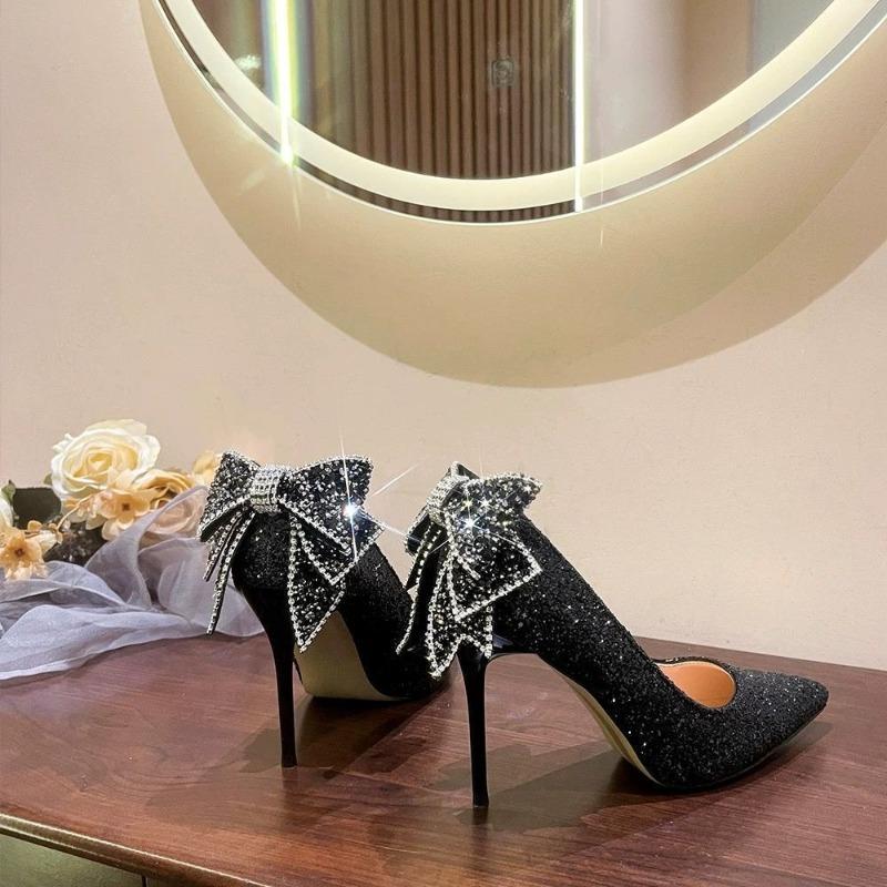 Silver high heels women's autumn, winter, spring and autumn new wedding shoes rhinestone bow sweet fairy crystal shoes