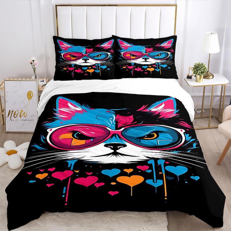 3pcs Colorful Cat with Sunglasses Bedding Set - Includes Quilt Cover and Pillowcases, Suitable for All Seasons,