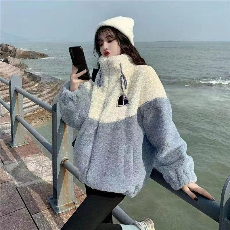 Lamb Fleece Sweater Ladies's Half-high Collar Fall and Winter Plus Velvet Thickened Warm Contrast Color Zipper Love Wind Jacket
