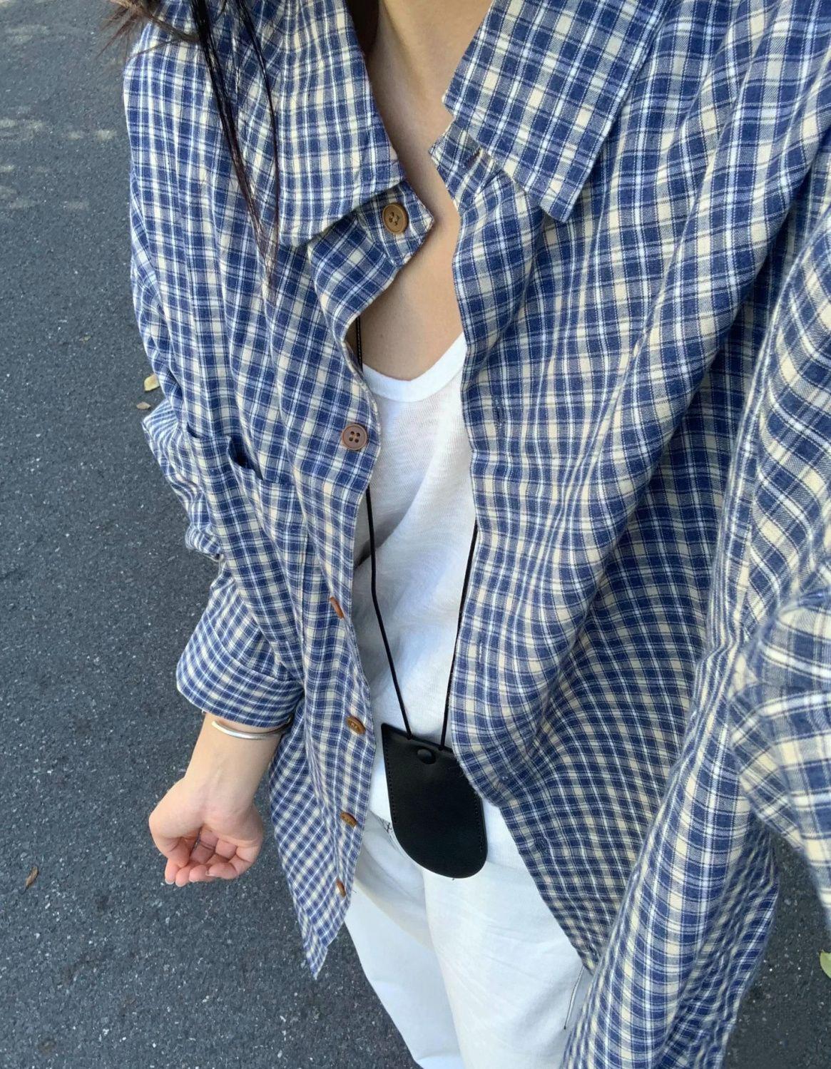 

Women s Blue Plaid Long Sleeve Sun Protection Shirt - Lazy Style, Loose Fit, Versatile Thin Jacket for Spring, Summer, Autumn Large