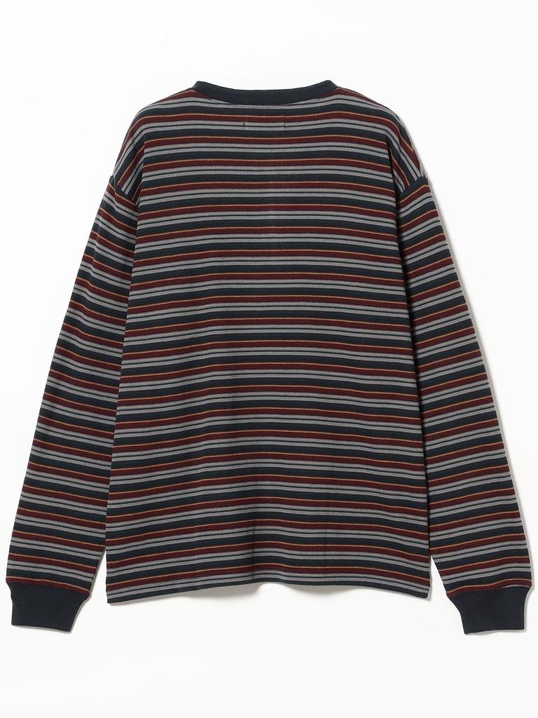 B:MING LIFE STORE by BEAMS Men's Long Sleeve T-Shirt with Waffle Stripes and Henley Neck, Navy, Size L