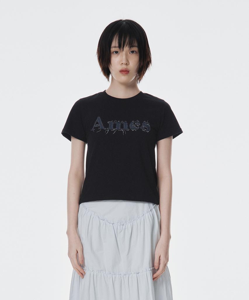 AMES-WORLDWIDE Basic Logo Denim Applique Tee Black (Am2Emut514A)