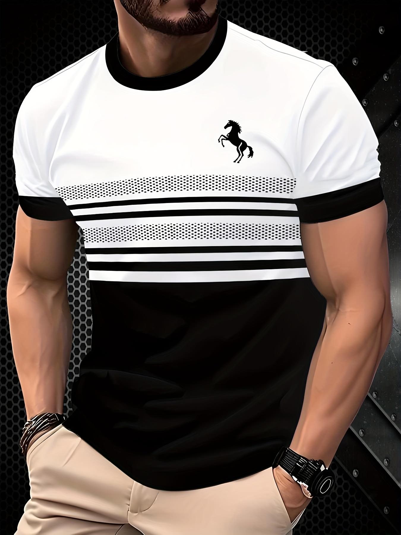 

Мужская футболка в полоску с 3D-принтом лошади, повседневная летняя спортивная одежда, круглый вырез, черно-бело-зеленая S белый