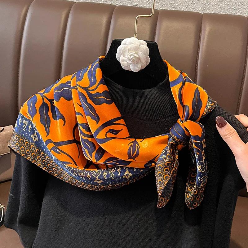 New Floral Print Shawl Design Silk Square Scarf Women Female Wrap Headkerchief Hijab Beach Stoles Hair Band Echarpe Bandana 2023
