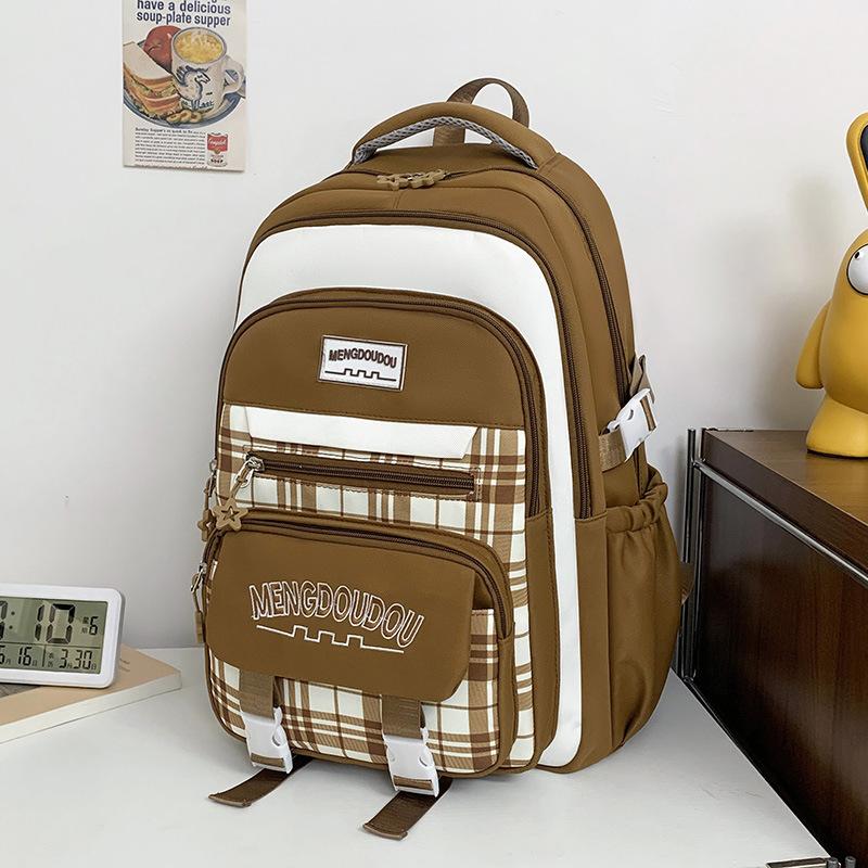 School bag Korean style forest-style elementary school backpack, high aesthetic plaid color-blocking, collegiate style, multi-compartment backpack 