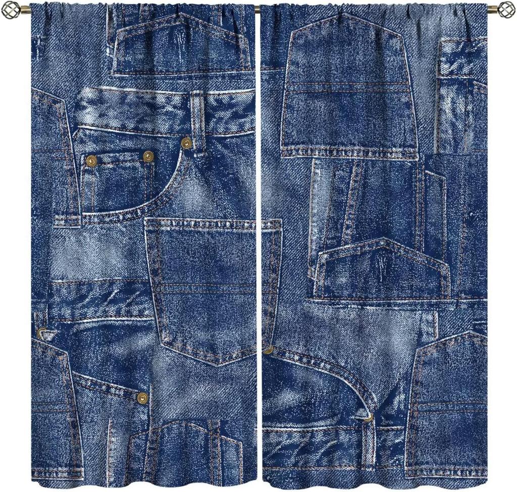 Modern Jeans Curtains Denim Retro Western Cowboy Style Design Art Print Curtain Bedroom Living Room Home With Rod Pocket Polyester Perfect For Area