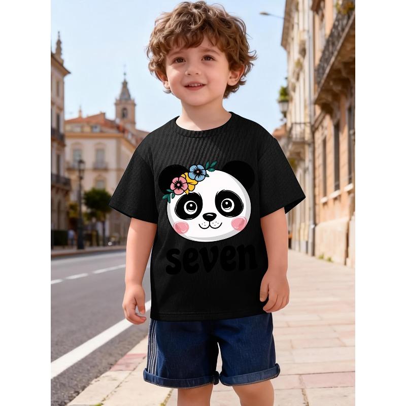 Kids Crewneck Short Sleeve Tee, Cartoon Giant Panda Print Summer Casual Top