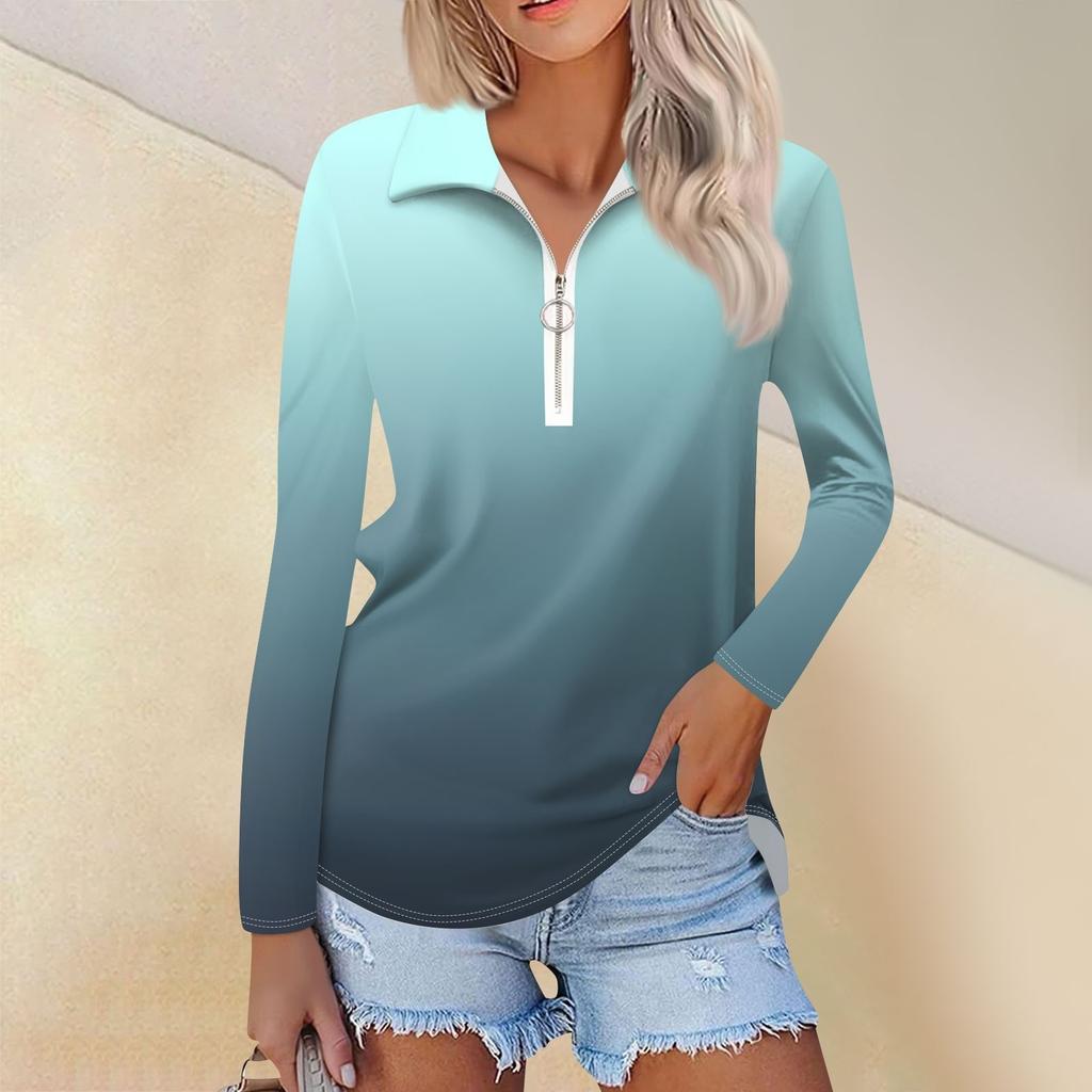 Damen Frühling und Mode Casual Printed Zipper V-Ausschnitt Langarm Shirt Tops