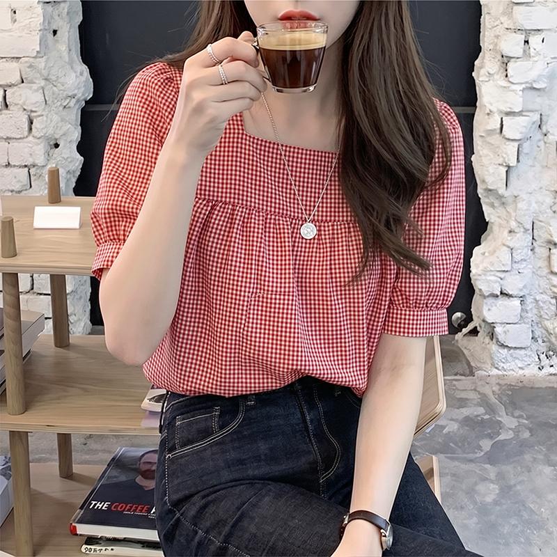 ZANZEA Women Grid Print Casual Square Collar Short Sleeve Blouse