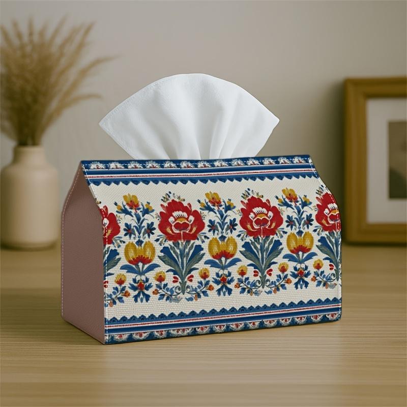 1pc Tissue Box Holder with Folk Scandinavian Decorative Design-Floral Border Colorful,Durable Polyester,Ideal for Kitchen,Living Room,Bedroom,Bathroom