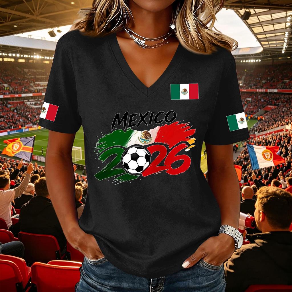 Women's Casual Short Sleeve V Neck Pullover Top Soccer Graphic Print National Flag Support Shirt for Outdoor Activities and Sports
