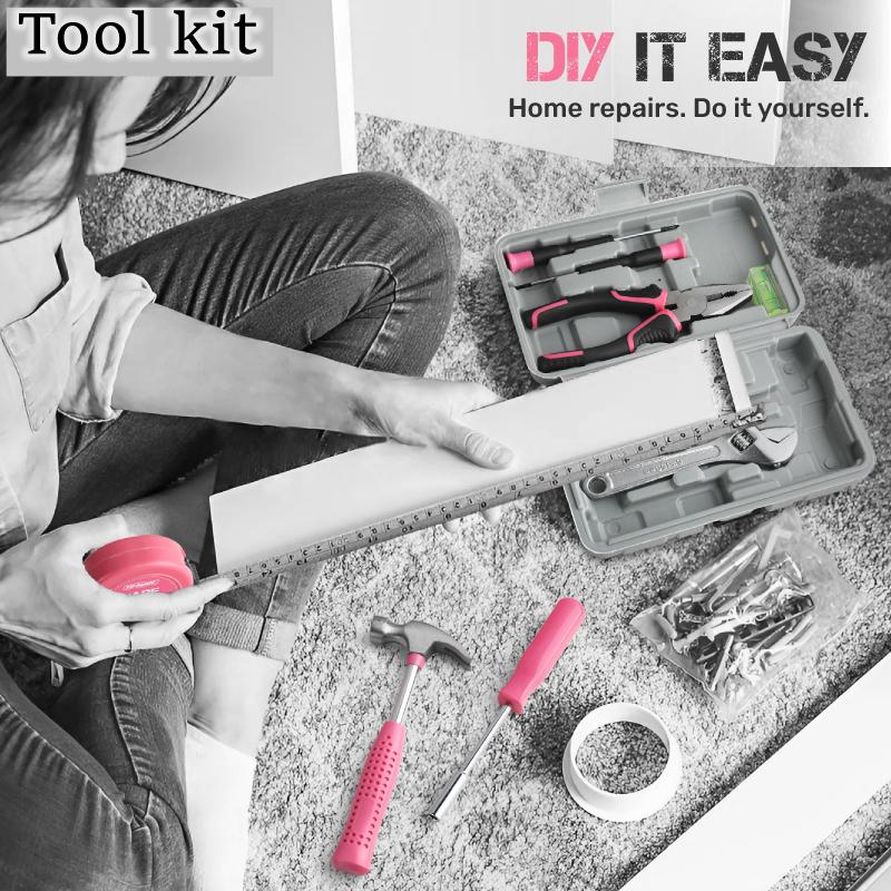 13-24 PCS Pink Home Tool Box Set, Multi-Function Hand Repair Kit with Hammer Cordless Power Drill Combo for Household DIY