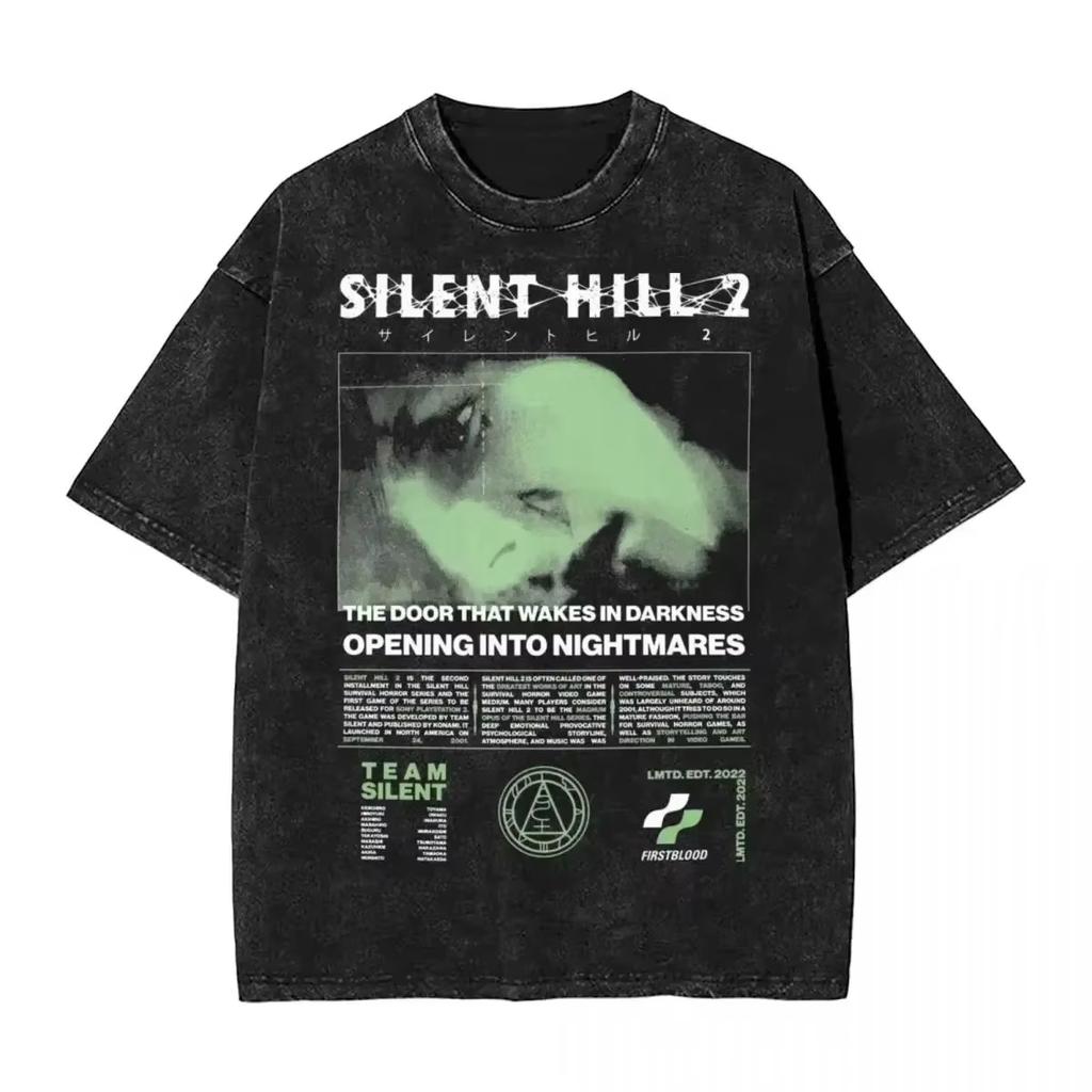 Horror Silent Hill Heavens Night Hip Hop Washed Print T-shirt Men Streetwear Patterned Printed Short-sleeved T-shirt