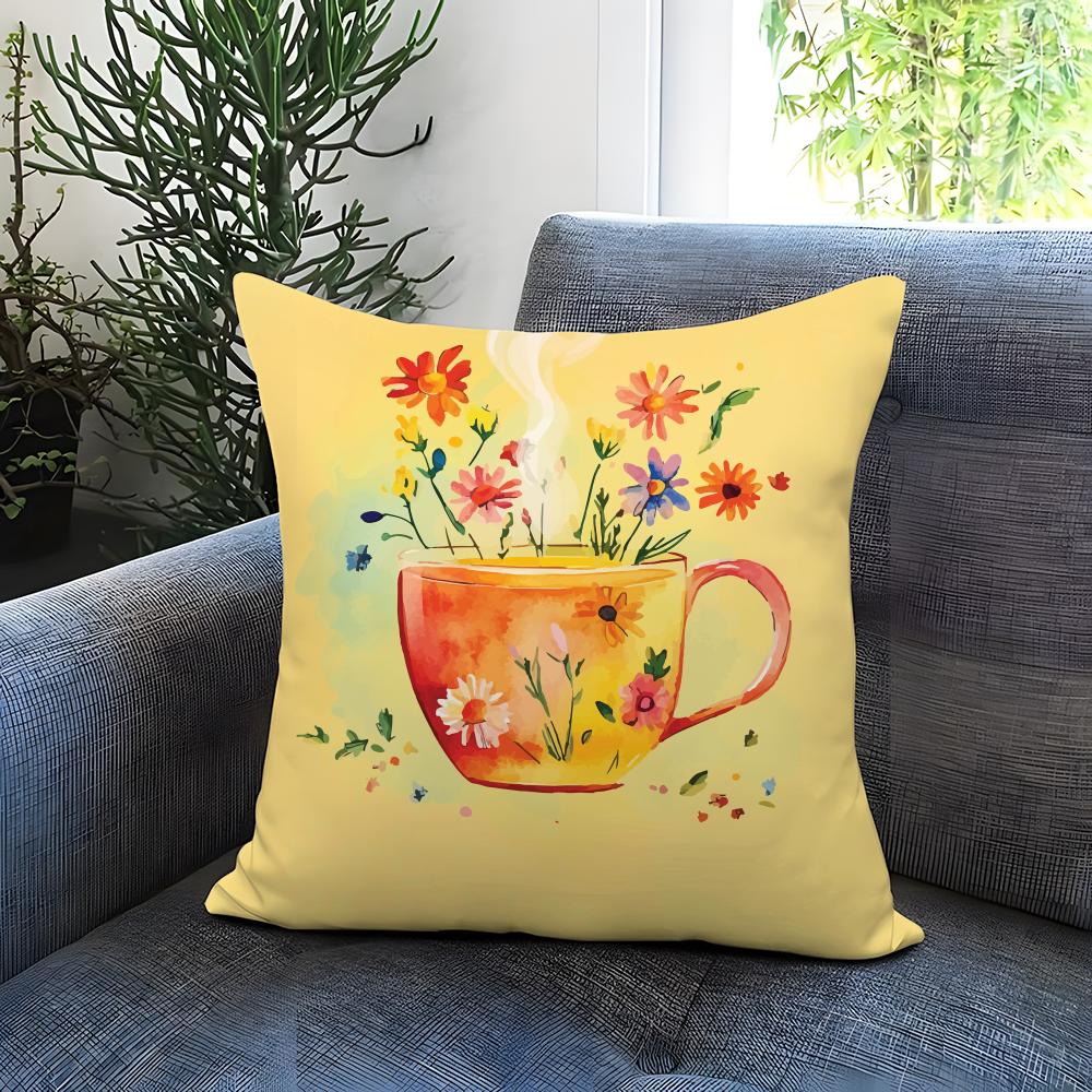 Popular C-CCup of Flowers Cushion Cover Comfortable Reversible Pillow Cover Ideal for Car Sofa Bedroom & Beyond