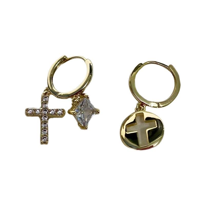 Guochao metal rhinestone cross ear buckle, street cool handsome earrings, stud earrings