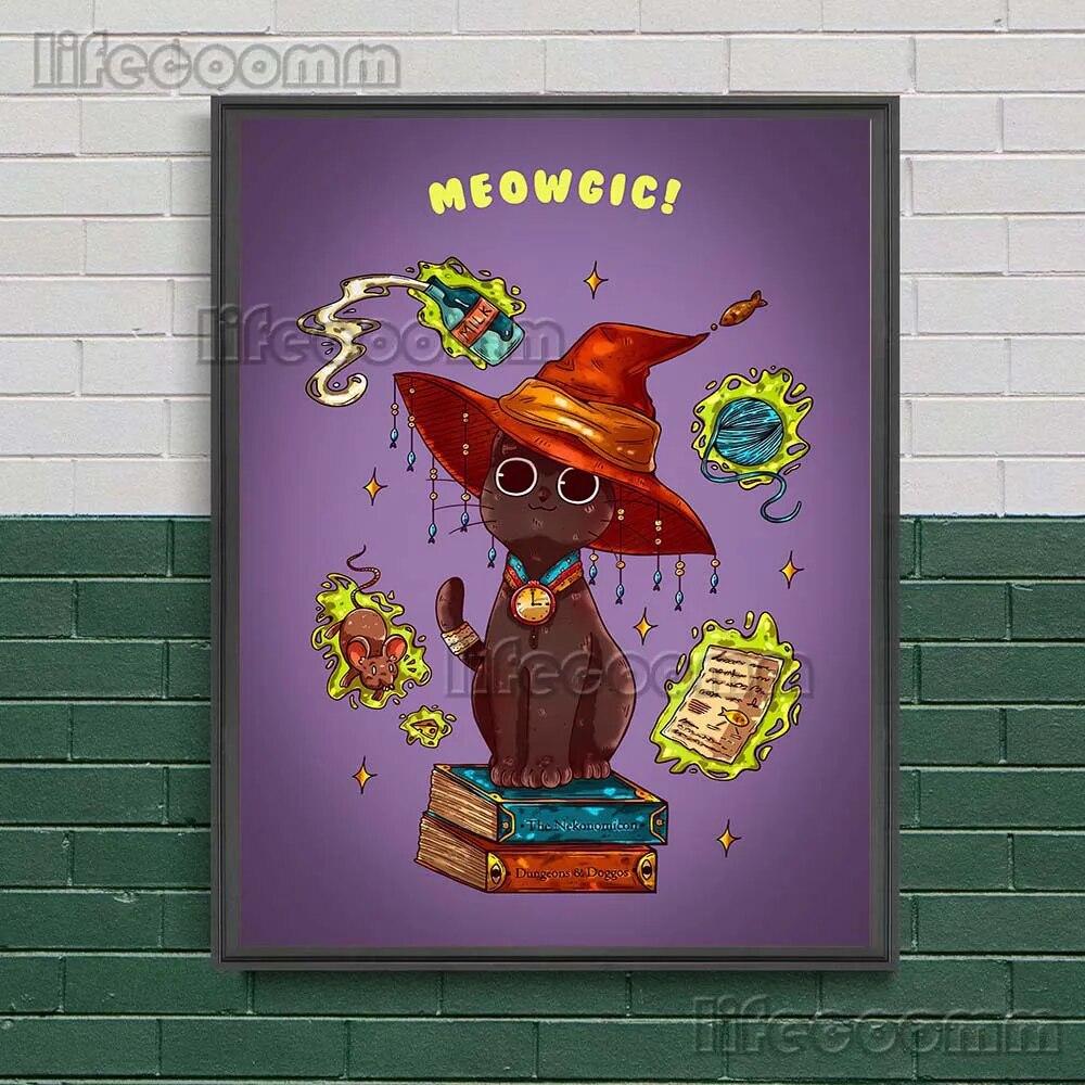 Sonne und Mond Cartoon Bild Kunst Poster, Stern Hexe und Zauberer Katze lustige Wand Kunst Leinwand Malerei Pilz Fee Poster Druck Dekor kein Rahmen