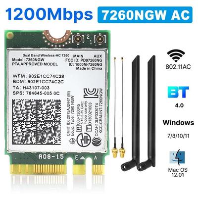 7260NGW AC Dual Band 2.4G 5G Draadloze Kaart 1200Mbps Bluetooth 4.0 M.2 NGFF Wifi Adapter Kaart Met Antenne Voor Laptops Desktop