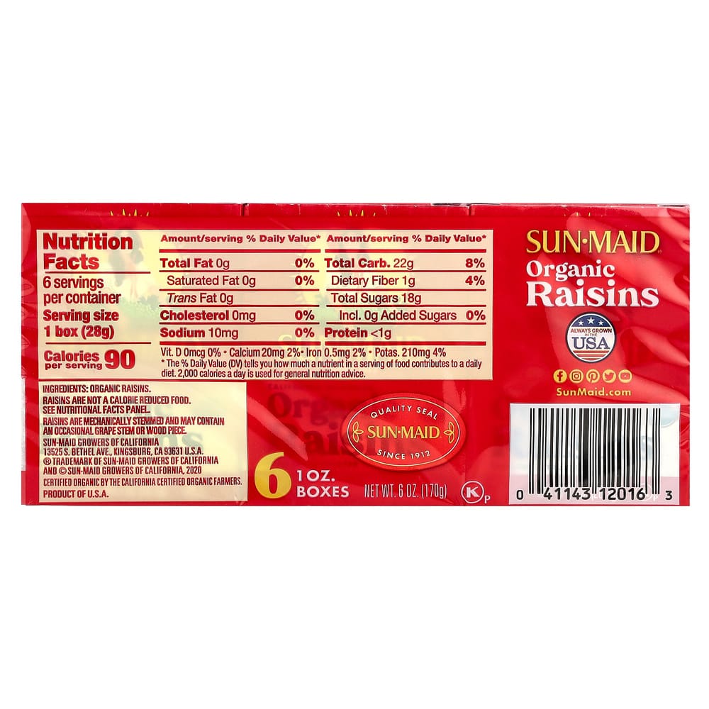 iHerb California Sun-Dried Raisins, 6-Count Box, 28.3g (1oz) Each