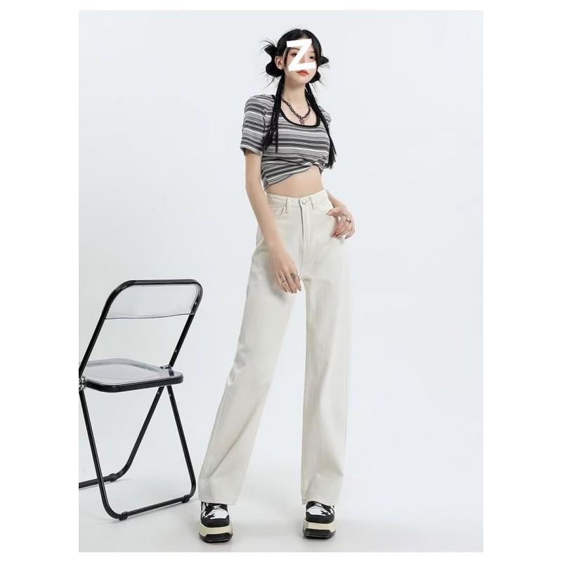 High Waist Wide Leg Straight Cut Denim Pants Women Comfortable Loose Fit Cotton Blend Classic Black