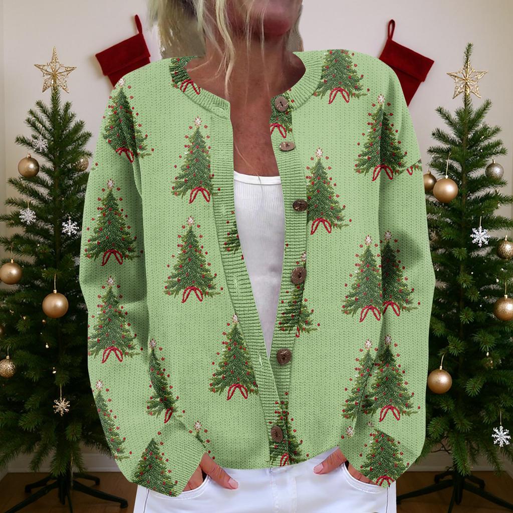Dames Cardigan Langermet Lett Jakke med Morsomt Juleprint