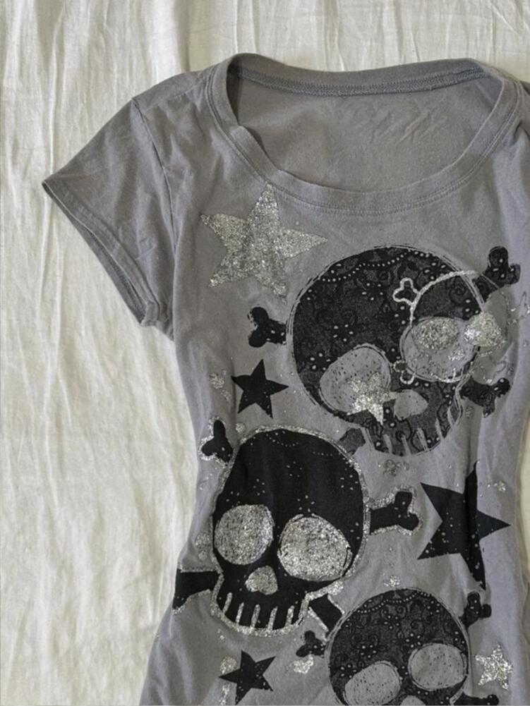 Subculture American Retro Skull Star Print Cinched Waist Short Sleeve T-shirt