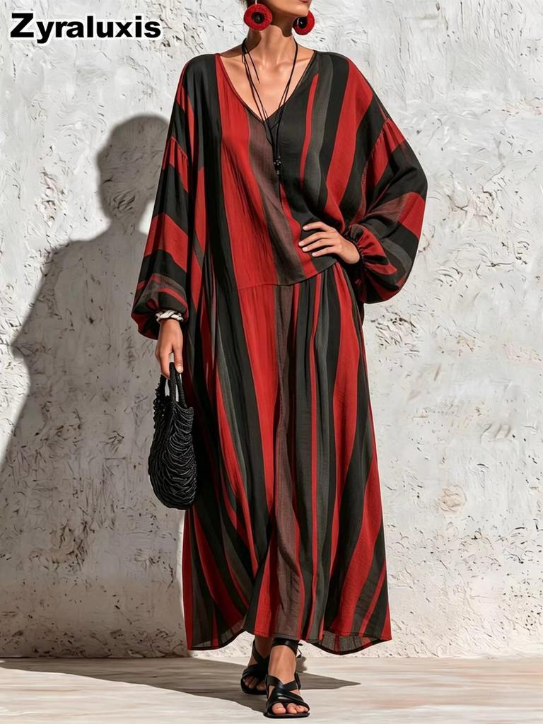 Autumn New Style Striped Printed Set V-Neck Long Sleeve Top Loose Wide Leg Pants Two Piece Outfit