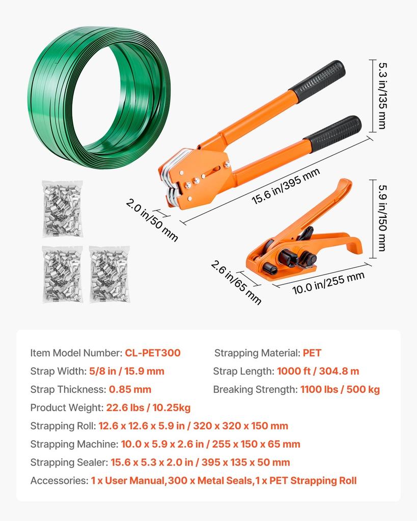 Banding Strapping Kit, Heavy Duty Banding Sealer Tool with 305 M Length PET Band, 300 Metal Seals, Plastic Manual Pallet Packaging Strapping Kit for