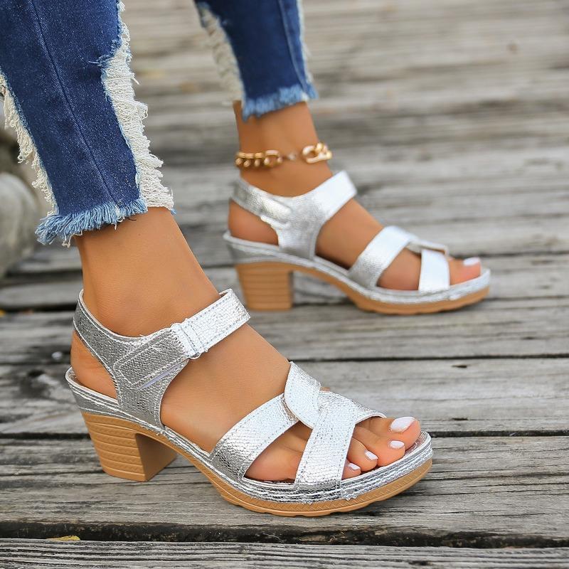 Large size hollow Velcro high heel sandals women's new buckle thick heel fish mouth sandals ebay