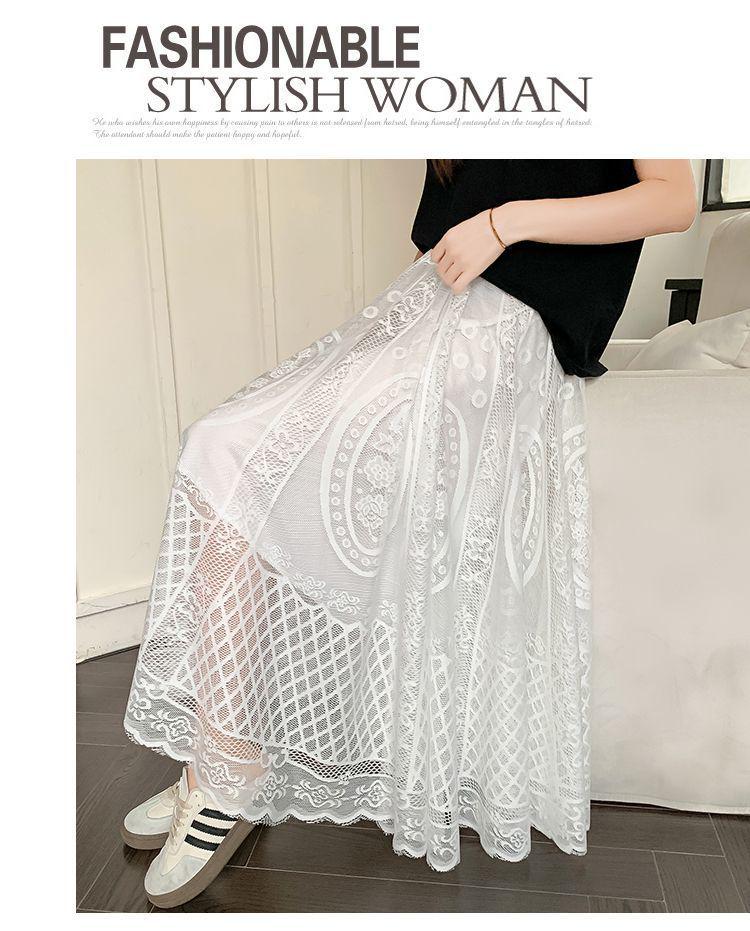 White Lace Hollow Out Cheongsam Petticoat - French Style Mid-Length Swing Skirt