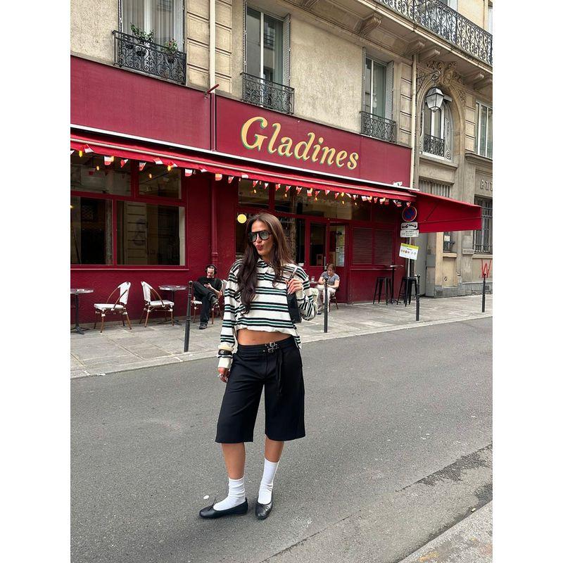 Miu Series Visual Sense American Retro Sexy Contrast Color Stripes Polo Collar Lazy Sense Long Sleeves Versatile T-shirt