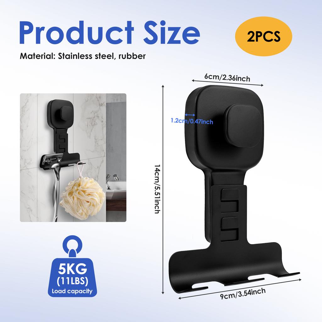 2Pcs Stainless Steel Suction Cup Shaver Holder Washroom Wall Mounted No Drilling Detachable Bathroom Shaver Hook Organizer