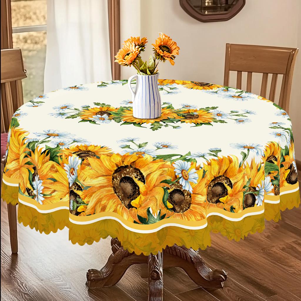 

1 Piece Of Sunflower Pattern Printed Themed Round And Rectangular Tablecloth, Various Sizes, Elegant Spring And Summer Floral Design, French Fresh, Su Round (152)Cm
