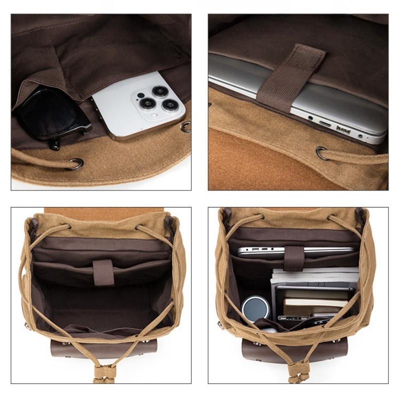 Vintage Texture PU Leather Canvas Splicing Backpacks Fashion Microfiber Leather Couple Rucksack Student Computer Schoolbag Trendy Men's Shoulder Bag