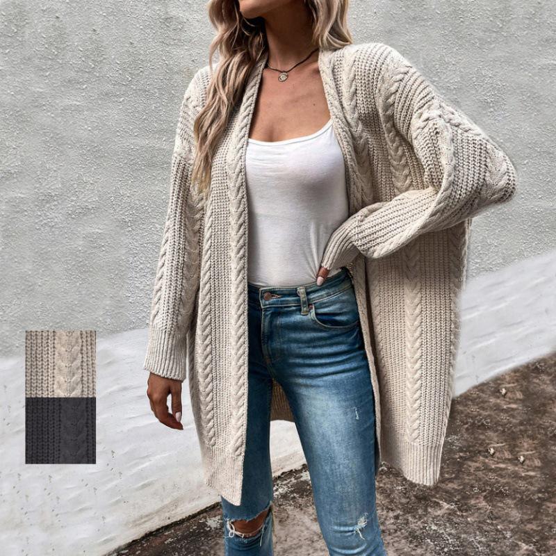 European Women's Cable Knit V-Neck Cardigan - Solid Color, Loose Fit, Long Knitwear.