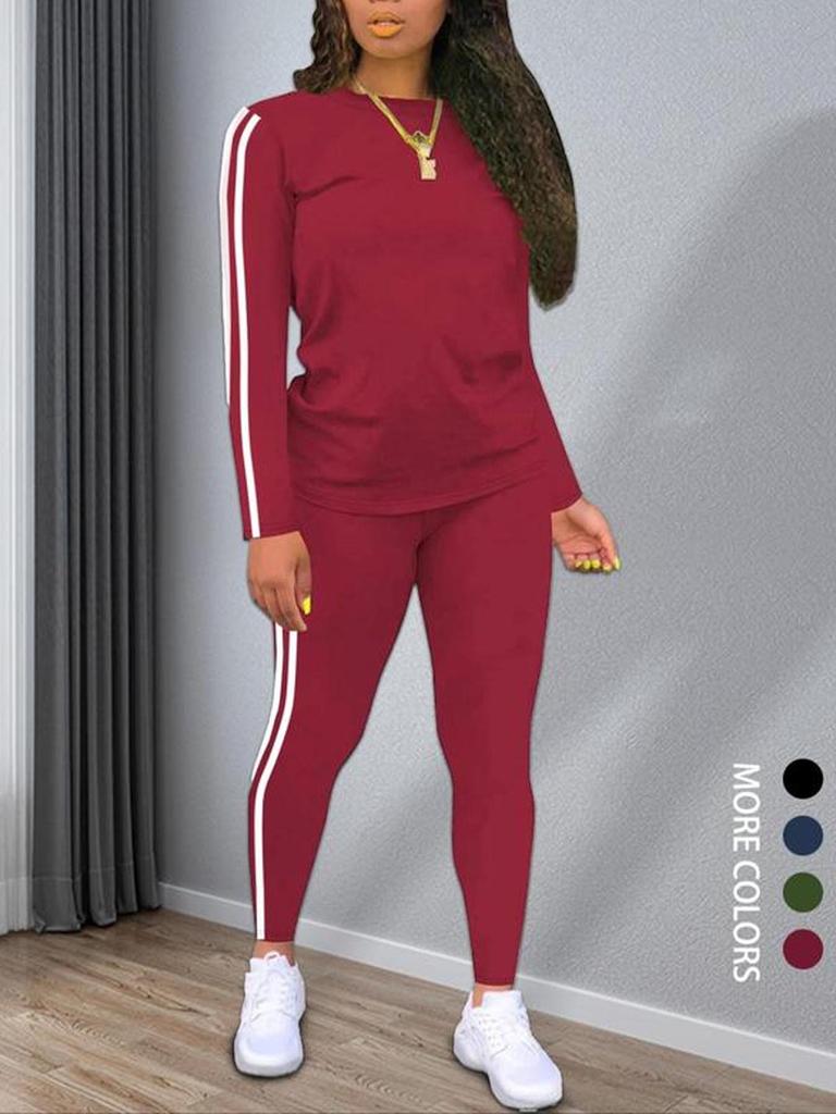Women's Casual Two-Piece Sportswear Set: Long-Sleeve Top & Slim-Fit Pants with Side Stripes, Multi-Color Options