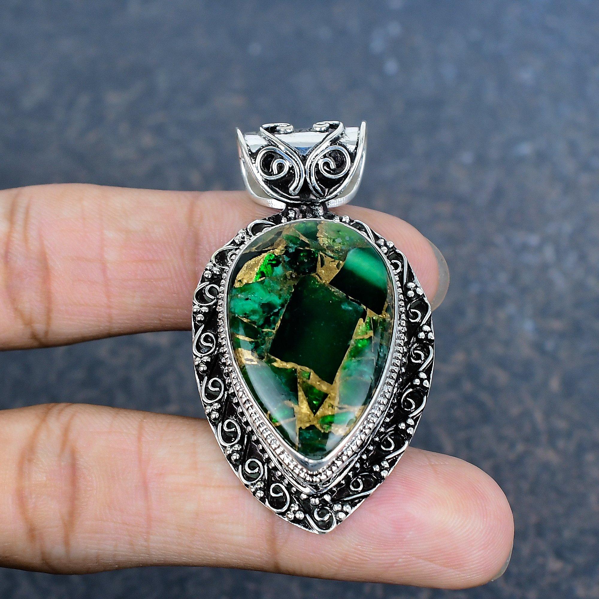 

Кулон из зеленой медной бирюзы ручной работы, кулон из стерлингового серебра 925 пробы, ювелирное изделие с камнем-талисманом, подарок Любовь навсегда 2.04 Inches