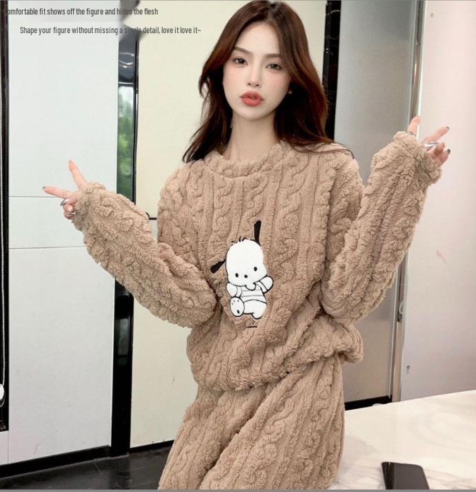 2025 Herbst/Winter Damen Verdicktes Korallenfleece Flanell Pyjama Set mit langem Cardigan, Übergröße, Warme Homewear.