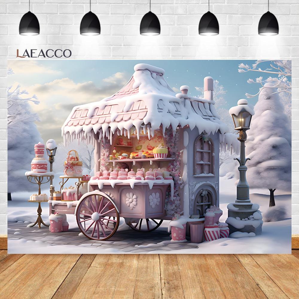Laeacco Christmas Camper Pography Backdrop Winter Snowy Pine Trees Mini Bus Baby Birthday Family Holiday Portrait Background
