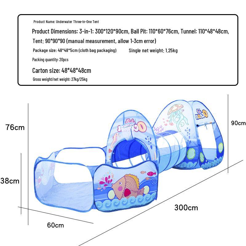 Kids Cartoon Playhouse 3-in-1 Set: Tent, Crawl Tunnel & Ball Pit